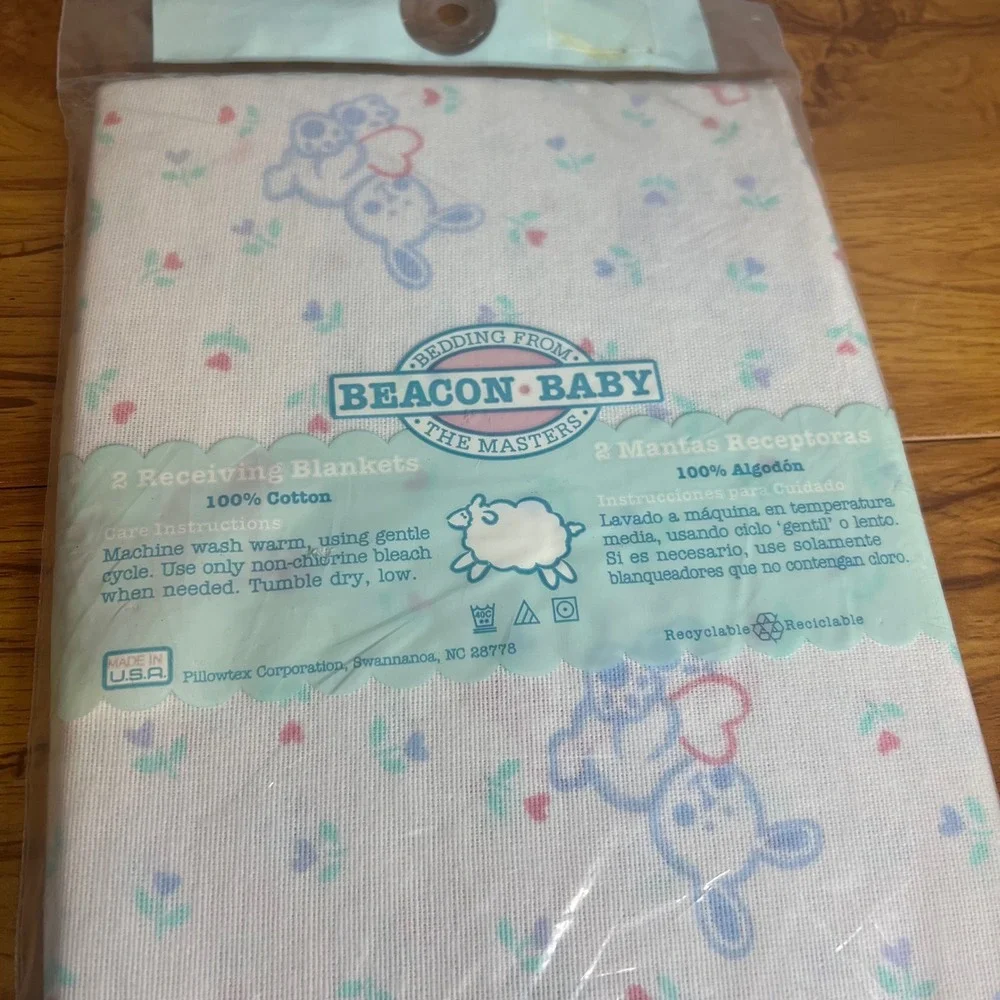 Vintage Beacon Baby‎ Receiving Blankets 30x30 White Bunny Floral 2pk Cotton NEW